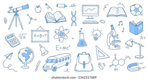 Back to school education doodle icon. Hand drawn line doodle sketch style back to school illustration. Hand drawn book, bag, globe education elements background. Vector illustration.