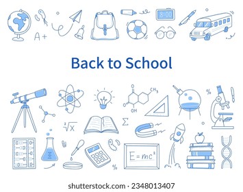 Back to school education doodle icon. Hand drawn line doodle sketch style back to school illustration. Hand drawn book, bag, globe education elements background. Vector illustration.