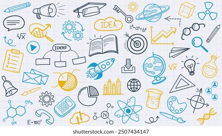 Back to school with education doodle icon symbols. back to school. Hand drawn vector pattern background. Foreign language education course for home online training study. illustration