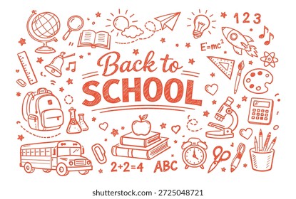 Back to School Education Doodle Vector Illustration with Handdrawn School Supplies, Backpack, Books, Pencil, Science and Math Elements on transparent background
