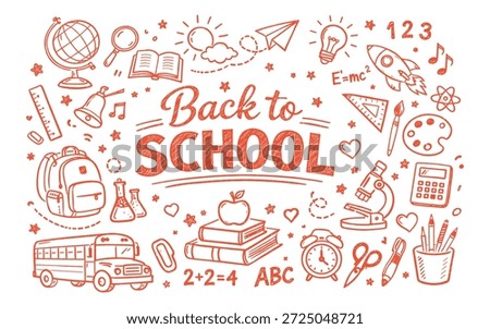 Back to School Education Doodle Vector Illustration with Handdrawn School Supplies, Backpack, Books, Pencil, Science and Math Elements on transparent background