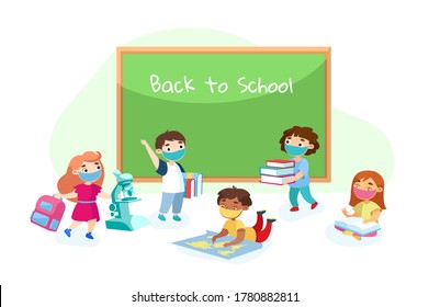 Back to School, Education during Coronavirus Pandemic. Children Characters in Medical Masks at Blackboard. Students with Studying Tools and Textbooks in Class Room. Cartoon People Vector Illustration