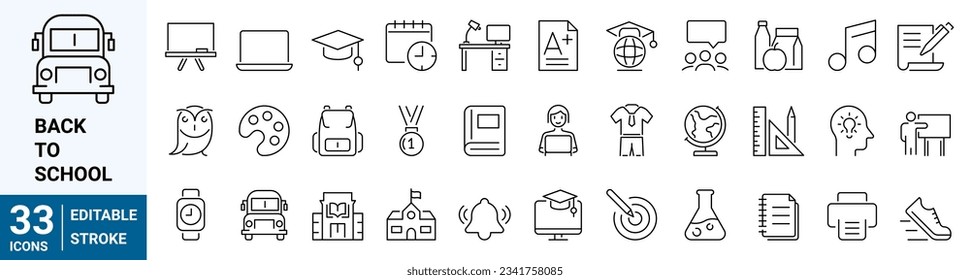 Back to school. Education and e learning. School, university, success, academic, textbook. Vector illustration. Outline icon. Editable stroke.