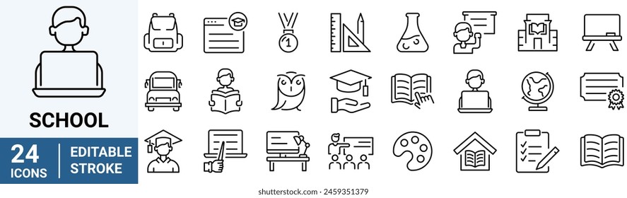 Back to school. Education and e learning. School, university, success, academic, textbook. Vector illustration. Outline icon. Editable stroke.