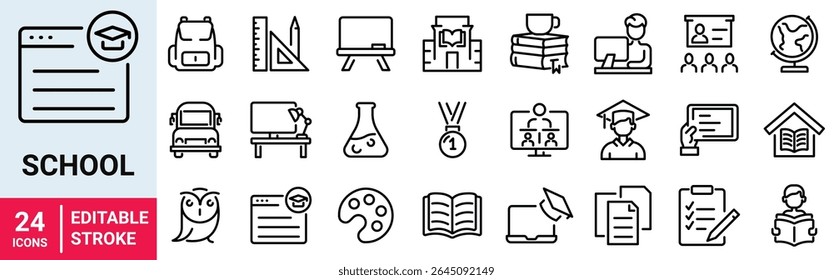 De volta à escola. Educação e e aprendizagem. Escola, universidade, sucesso, acadêmico, livro didático. Ilustração vetorial. Ícone Contorno. Traçado editável.