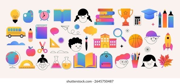 Back to school, education, e-learning, children, and school supplies colorful icons set. A collection of modern vector illustrations and graphic elements with color gradients.
