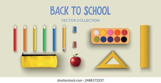 Back to School education elements collection. 3d realistic supplies with crayons, pen, pencil case, watercolor, apple, sharpener, ruler. Realistic vector illustrations on beige isolated background.