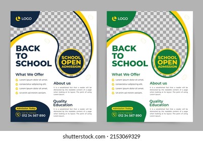 Back to school education flyer design template. School admission poster, leaflet layout design