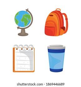 volver a la escuela icono conjunto de mapas de globo mochila bloc de notas y taza de café ilustración vectorial
