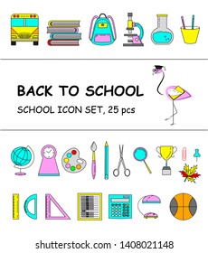 Back to school education icons set, 25 pcs. Vector flat colored illustration.