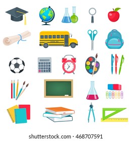 De vuelta a los iconos de la educación escolar. Conjunto de materiales vectoriales escolares libros de texto globo bolígrafo bolígrafo bolígrafo de cuaderno bombilla de pintura de la escuela tablero de escuela bus escolar en estilo plano.