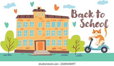 Back to School Education Illustration with Building and lettering outdoor scene car and school bus.