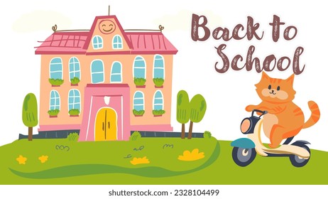 Back to School Education Illustration with Building and lettering outdoor scene car and school bus.