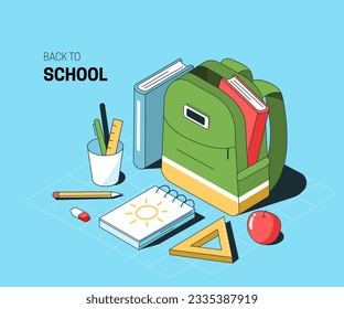 Back to school and education isometric concept, school backpack and supplies. Vector illustration
