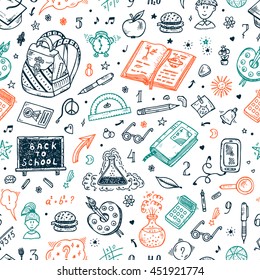 Back to school. Education items. Hand Drawn Doodle school supplies Vector Seamless pattern   