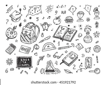Back To School. Education Items. Hand Drawn Doodle School Supplies Vector Set.   