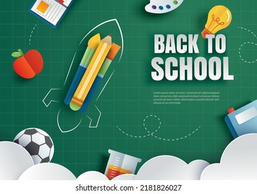 Back to school with education items on green chalkboard background in paper art style.