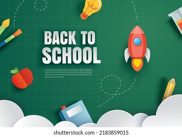 Back to school with education items on green chalkboard background in paper art style.