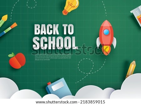 Back to school with education items on green chalkboard background in paper art style.