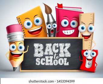 Back to school education items vector characters. School mascots like pencil, pain brush, notebook and ruler happy teaching the kids with blackboard. Vector illustration.
