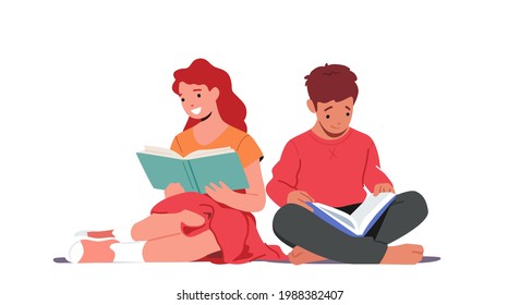 Back to School, Education, Knowledge Concept. Little Kids Reading Books, Boy and Girl Character Studying, College or Preschool Learning Classes. School Children in Library. Cartoon Vector Illustration