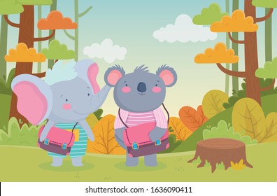back to school education koala and elephant with bags in the forest vector illustration