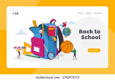 Back To School, Education Landing Page Template. Tiny Characters Put In Huge Backpack Educational Tools, Stationery Ball, Globe And Book For Different Disciplines. Cartoon People Vector Illustration