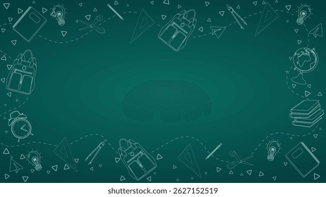 Back to school, education, learning chalkboard background with doodles of school supplies like backpacks, books, globe, and stationery; ideal for back to school promotions or classroom presentations