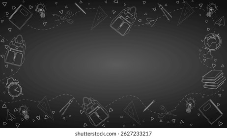 Back to school, education, learning chalkboard background with doodles of school supplies like backpacks, books, globe, and stationery; ideal for back to school promotions or classroom presentations