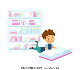 Back to School, Education or Learning Concept. Kid Lying on Floor Reading Book. School Boy Student Prepare to Exam, Schoolboy Character Gaining Knowledge, Lesson, Homework. Cartoon Vector Illustration