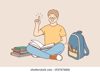 Back to school, education, learning concept. Little happy boy in glasses doing homework at home with backpack full of books and pencils vector illustration 