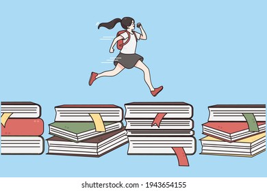 Back to school, education, learning concept. Happy cute girl running on books hurry to school owe blue background vector illustration 