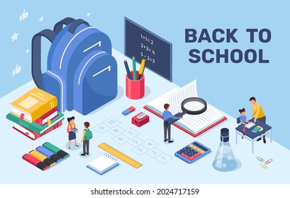 Back To School. Education And Learning Concept With Kids Backpack, Books, Blackboard, Stationery. Children Going To School Isometric Vector. Table With Educational Tools And Small Pupils