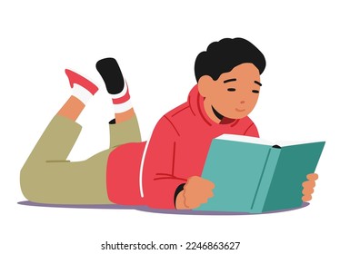 Back to School, Education or Learning Concept. Kid Lying on Floor Reading Book Isolated on White Background. School Boy Student Character Prepare to Exam, Gain Knowledge. Cartoon Vector Illustration