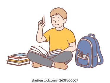 Back to school, education, learning concept. Little happy boy doing homework at home with backpack full of books and pencils. Hand drawn style vector design illustrations.