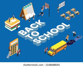 Back to school, education and learning isometric 3d vector illustration concept. Parents taking kids back to school