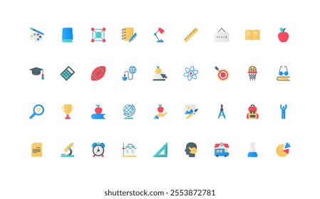 Back to school, education and learning tools, sport color icon set. Preparation to lessons, backpack and ruler, microscope and calculator, library book to study flat elements vector illustration