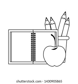 Back to school education notebook and apple with pencils in cup cartoons vector illustration graphic design