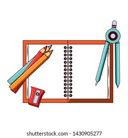 Back to school education notebook and compass with pencils and sharpener cartoons vector illustration graphic design