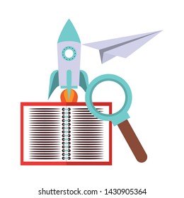 Back to school education notebook and spaceship with magnifying glass with paper plane cartoons vector illustration graphic design