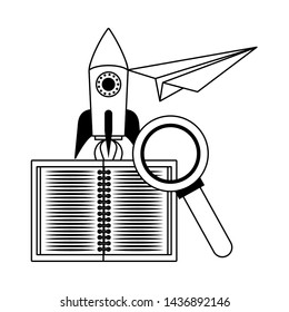 Back to school education notebook and spaceship with magnifying glass with paper plane cartoons vector illustration graphic design