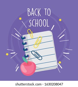 back to school education notepad clips and apple cartoon vector illustration