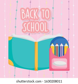 back to school education open book and pencils color in box vector illustration