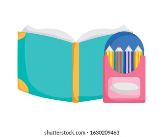 back to school education open book and pencils color in box vector illustration