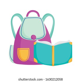 back to school education open book and backpack supply vector illustration