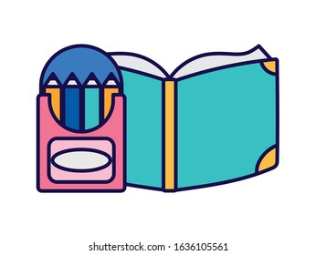 back to school education open book and pencils color in box vector illustration