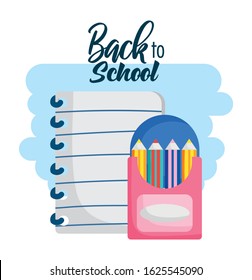 back to school education paper and colored pencils in box vector illustration