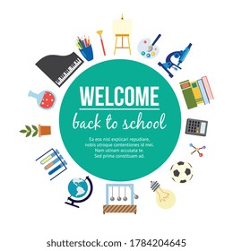 Back to school - education poster with learning supplies and equipment around circle frame with text template. Tools from different subjects, isolated vector illustration.