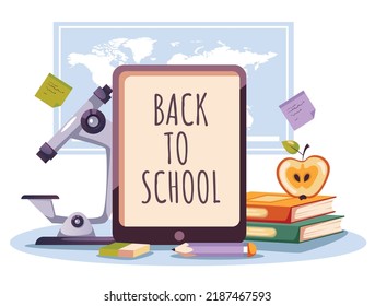 Back to school education poster pupil supplies equipment concept illustration. Vector design graphic element