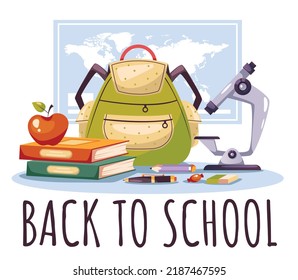 Back to school education poster pupil supplies equipment concept illustration. Vector design graphic element